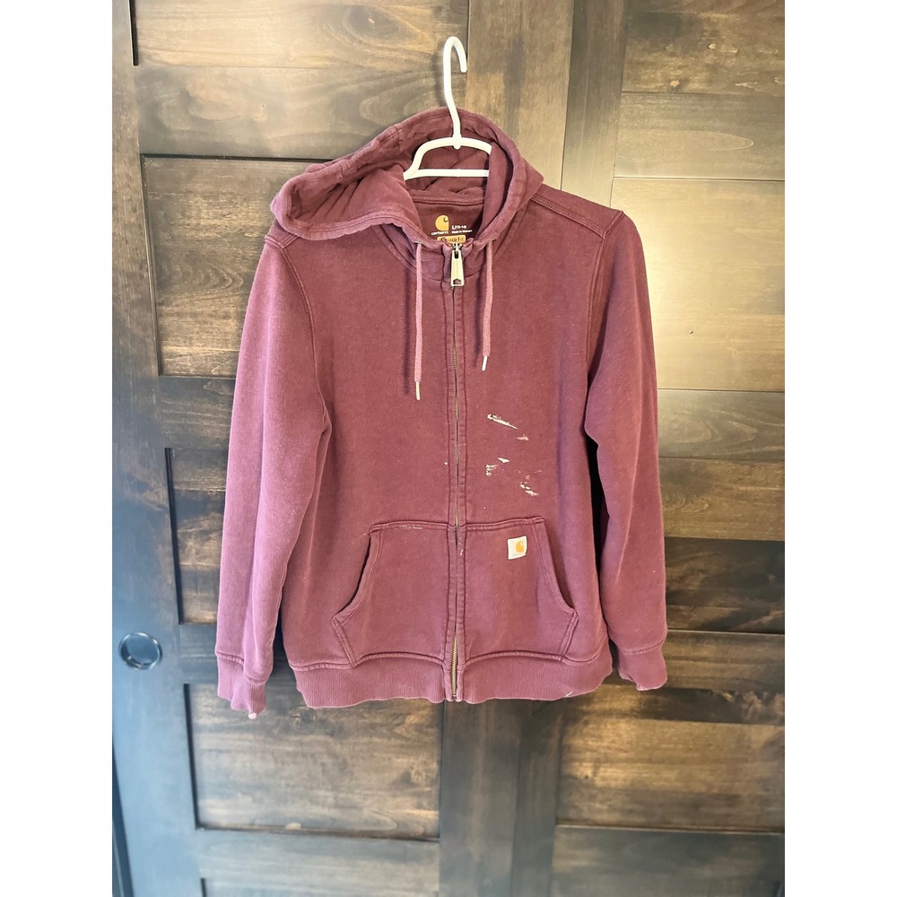 Carhartt Relaxed Fit Full Zip Hoodie Burgundy Maroon Workwear Jacket Womens L